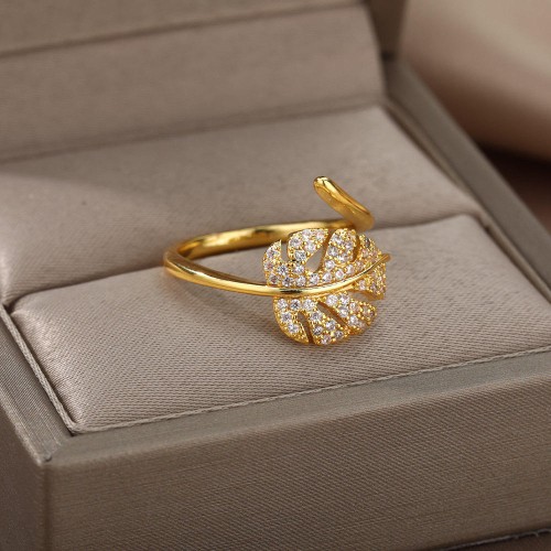 18K Gold-Plated Full Diamond Luxury Non-Fading Open Ring for Women Zircon Leaf Ring